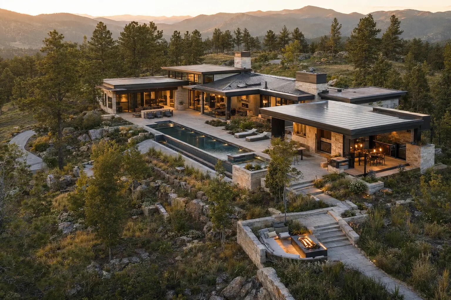 Illustrative aerial study of an integrated Colorado outdoor estate composition