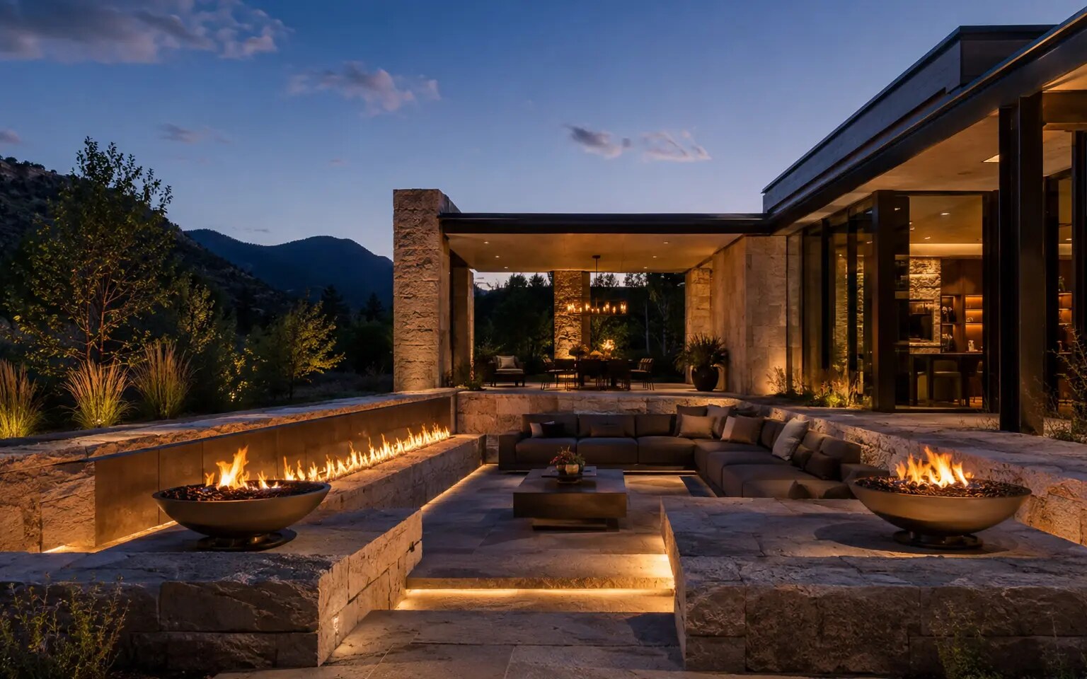 Illustrative Colorado estate with a sunken stone fire lounge, linear fire wall, and monumental pavilion