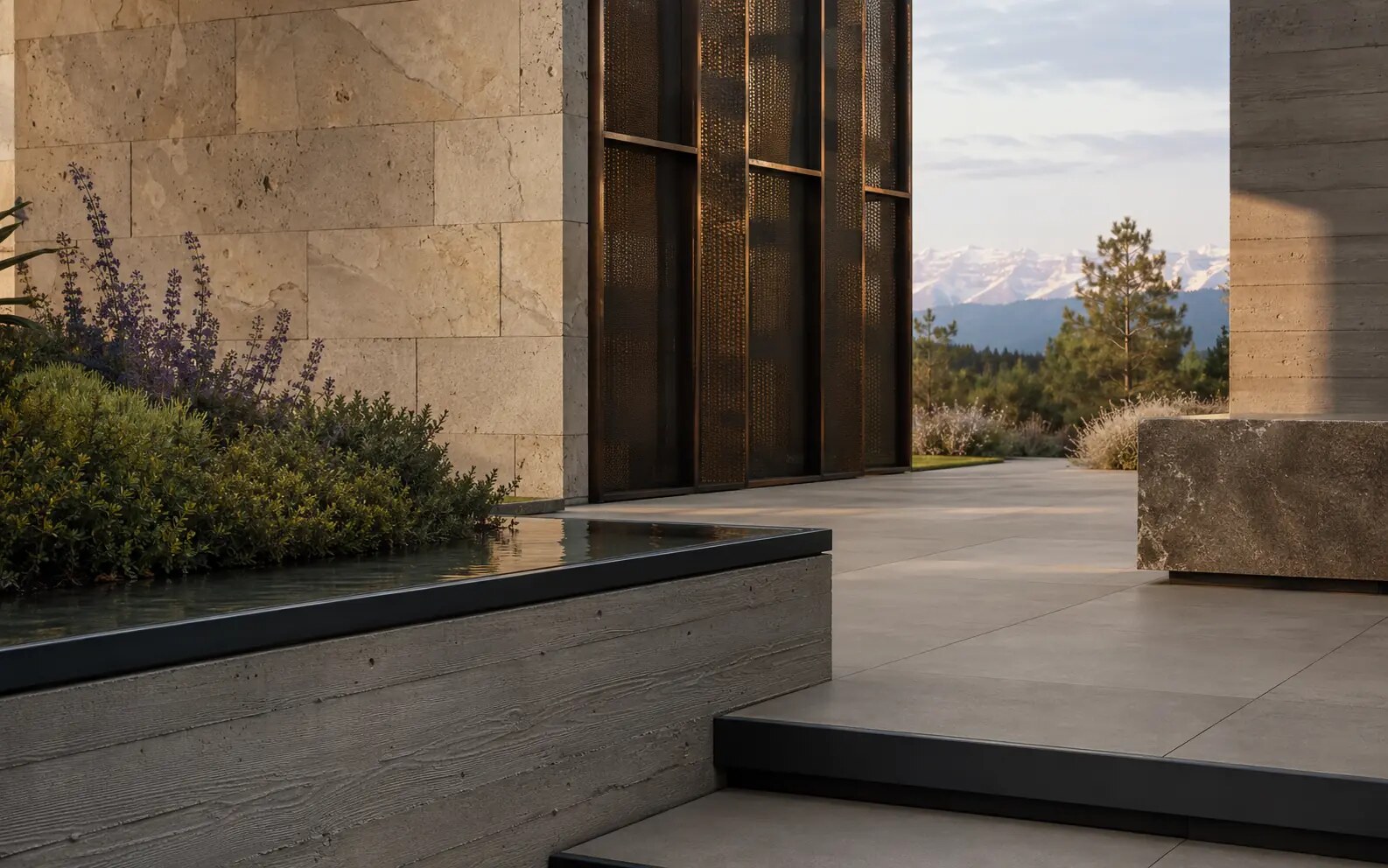 Illustrative study of limestone, porcelain, board-formed concrete, bronze, and steel detailing