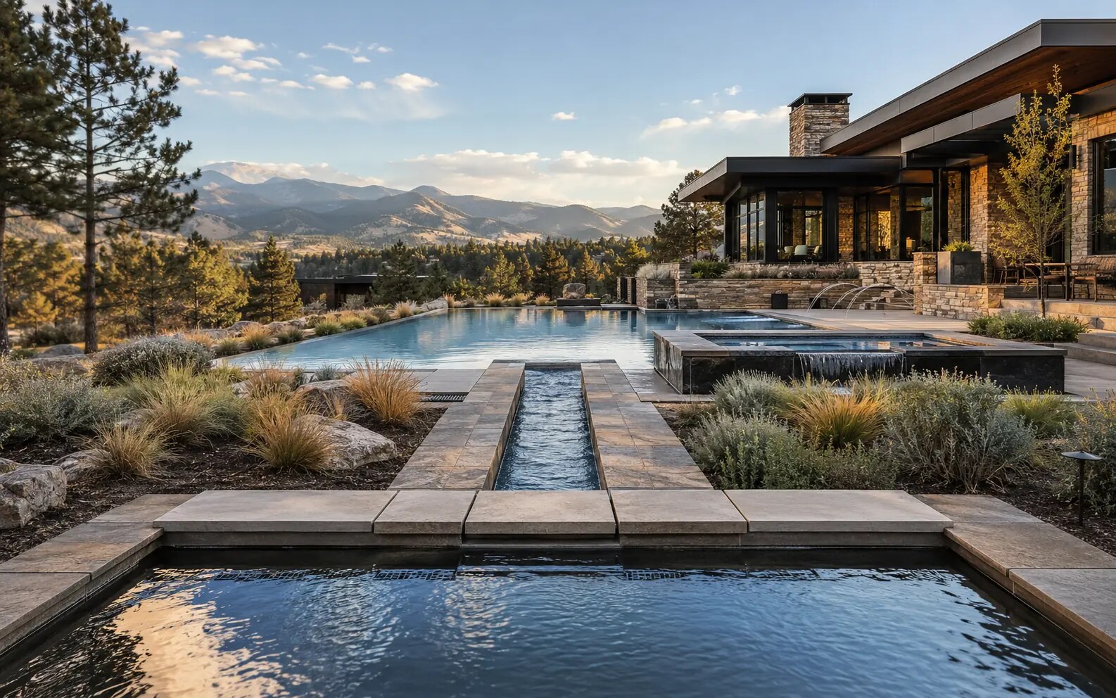 Illustrative Colorado estate with a reflecting rill, infinity pool, raised spa, and laminar water jets