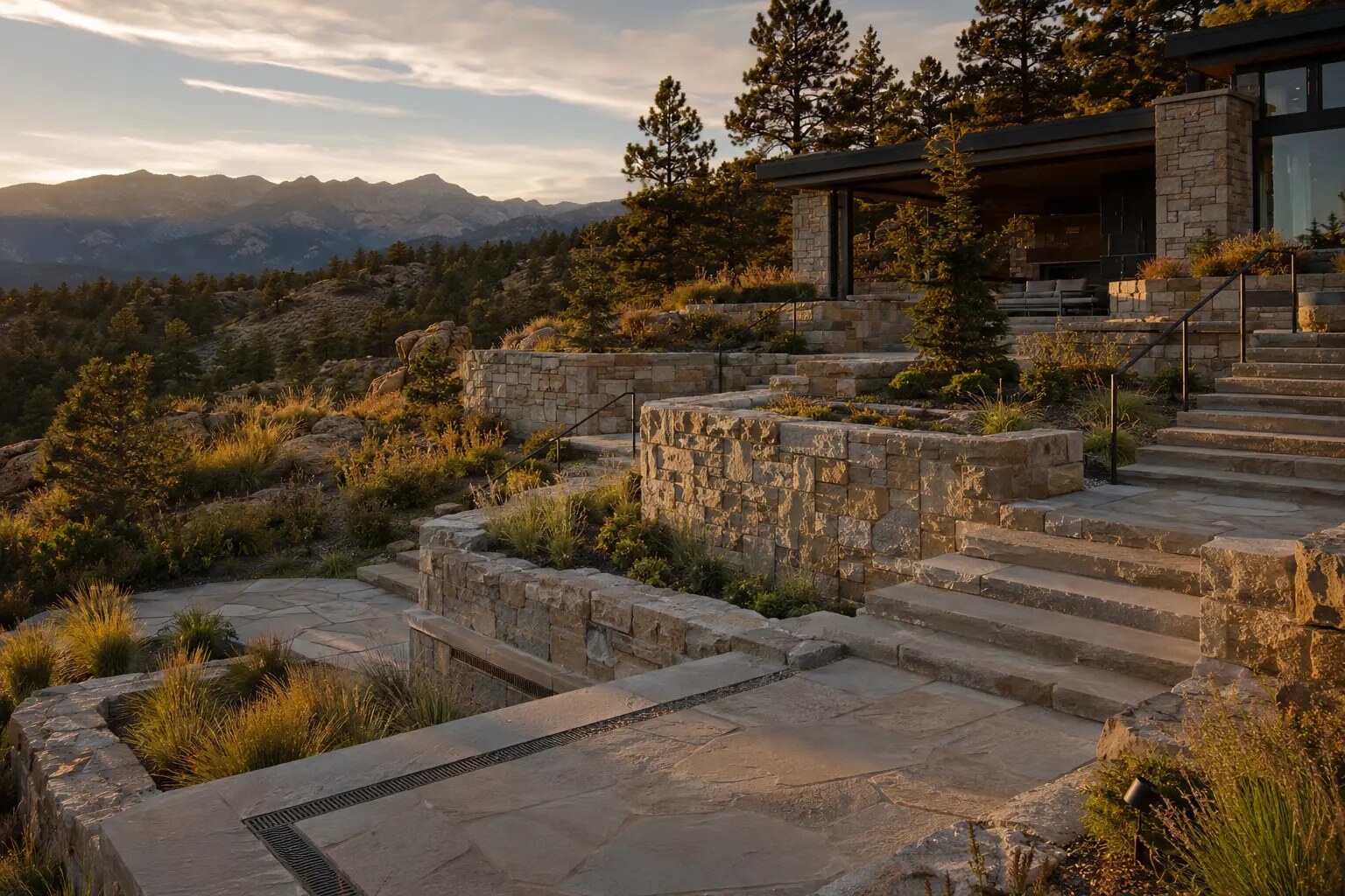 Illustrative study of a Colorado foothill estate with architectural retaining systems and terraces