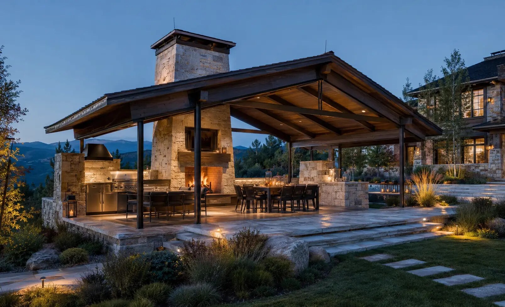 Illustrative study of a Colorado estate pavilion with an outdoor kitchen and fireplace