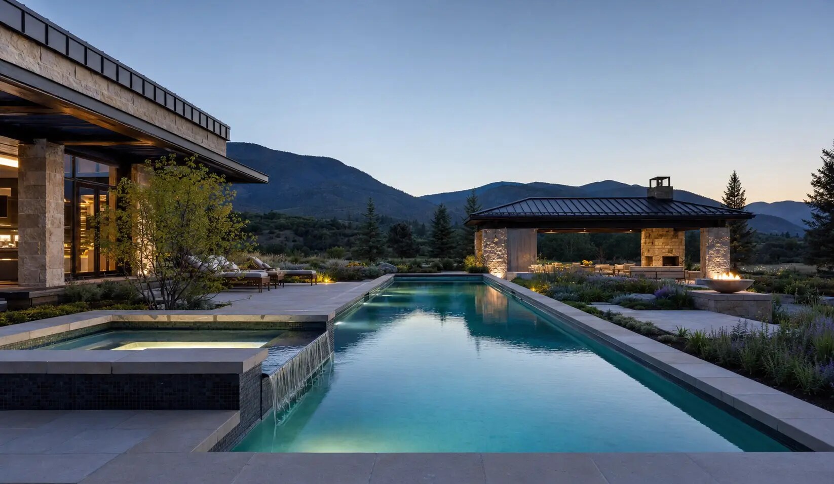 Illustrative study of a Colorado estate pool, spa, pool house, and native landscape