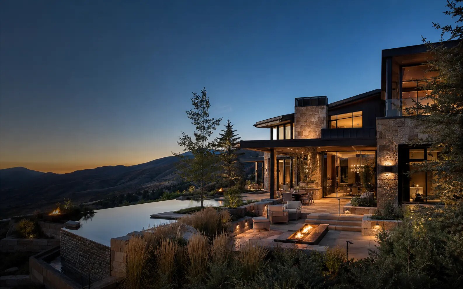 Illustrative stone-and-glass outdoor estate in the Colorado foothills